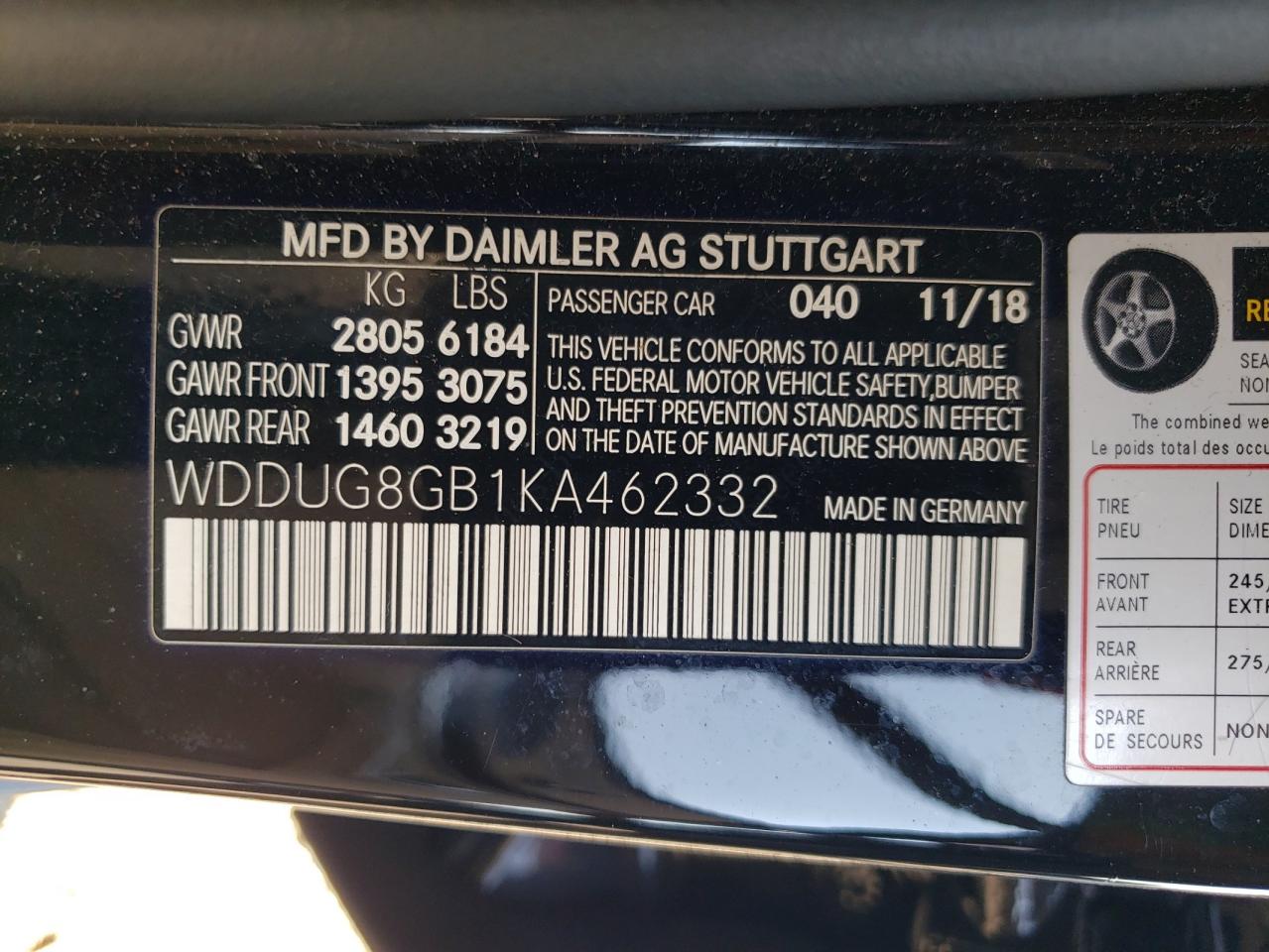 2019 Mercedes-Benz S 560 4Matic VIN: WDDUG8GB1KA462332 Lot: 63773655