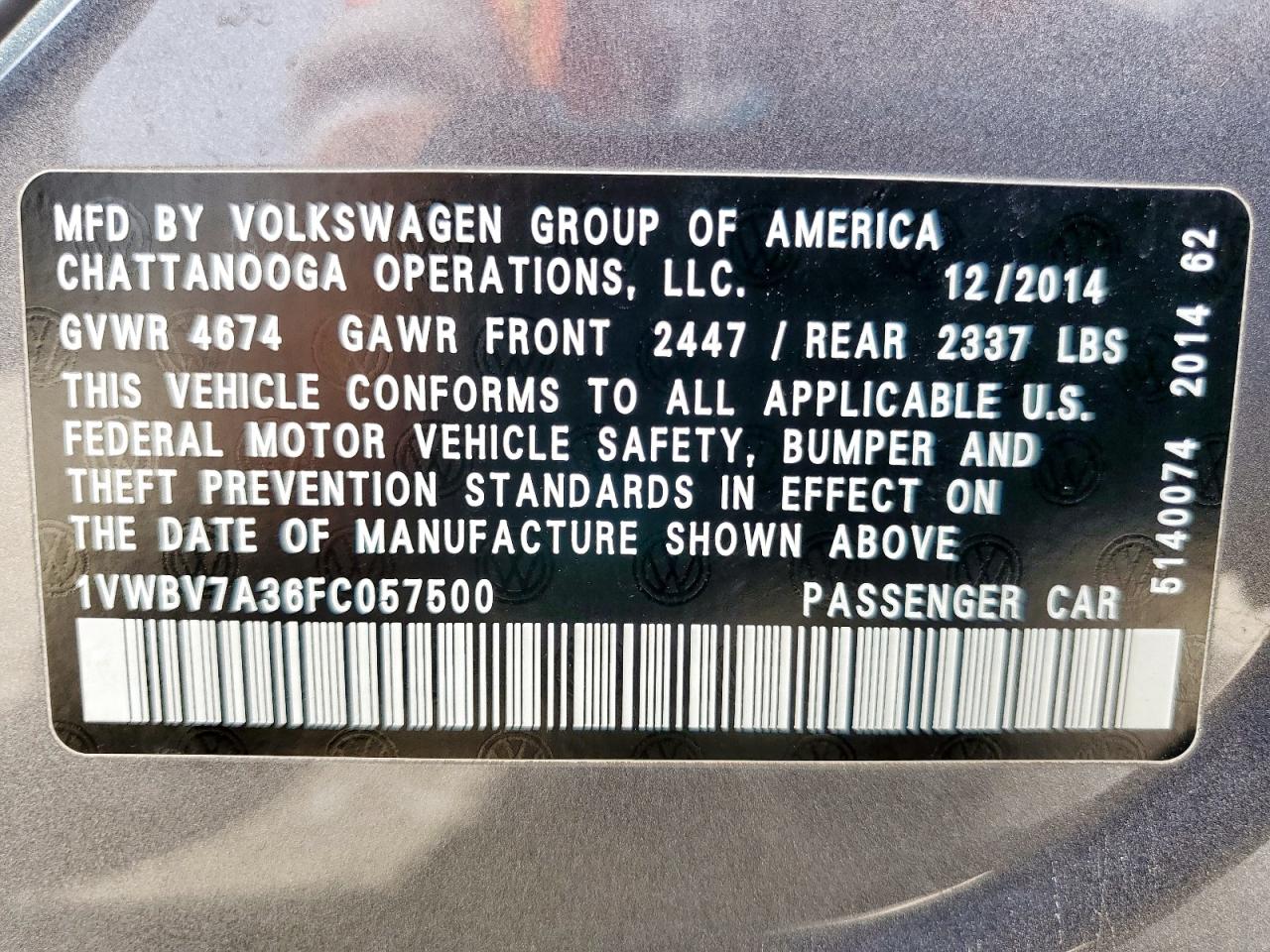 2015 Volkswagen Passat Se VIN: 1VWBV7A36FC057500 Lot: 63127195