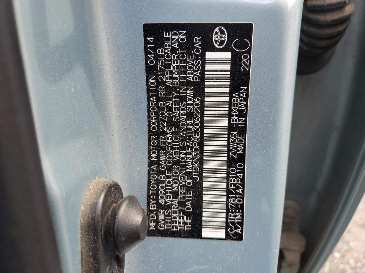 2014 Toyota Prius Plug-In VIN: JTDKN3DP8E3062206 Lot: 64082905