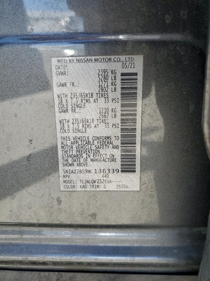 2021 Nissan Murano Sv VIN: 5N1AZ2BS9MC136339 Lot: 65992985