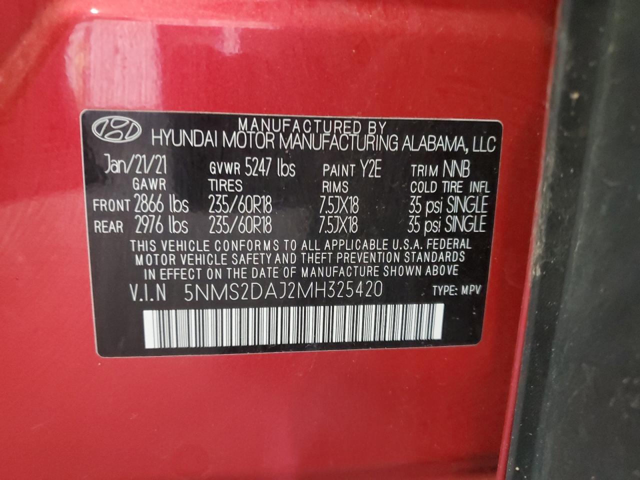 2021 Hyundai Santa Fe Sel VIN: 5NMS2DAJ2MH325420 Lot: 63039795