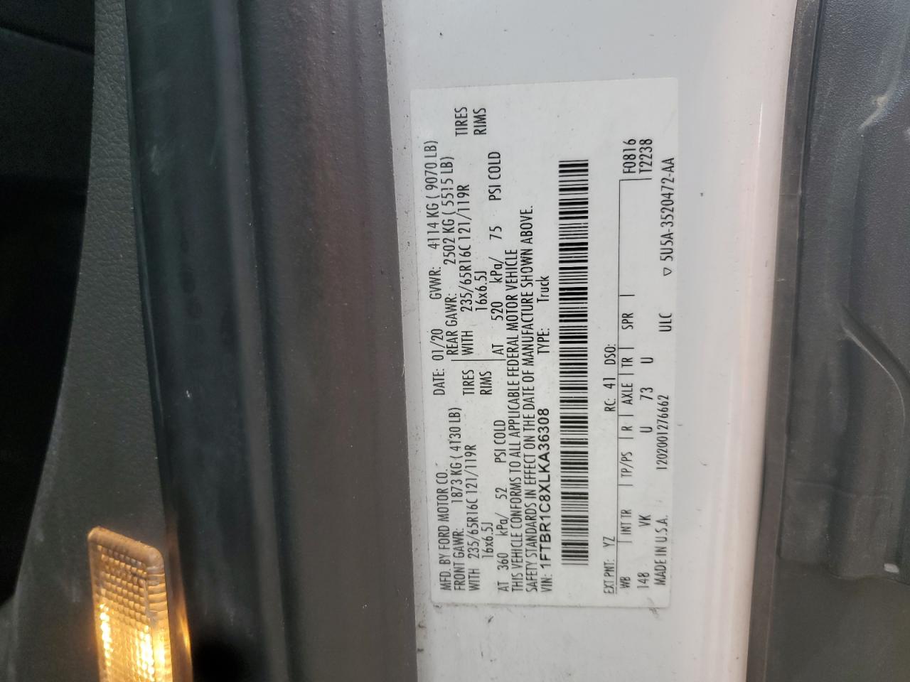 2020 Ford Transit Cargo Van T- VIN: 1FTBR1C8XLKA36308 Lot: 66202375