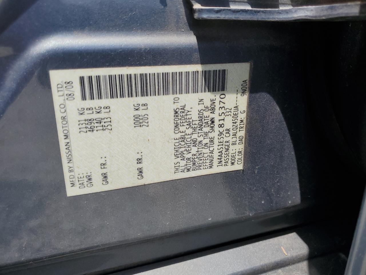 2009 Nissan Maxima S VIN: 1N4AA51E59C815370 Lot: 64897845