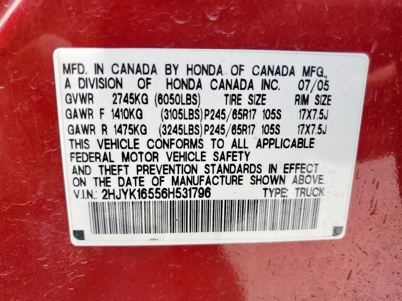 2006 Honda Ridgeline Rtl VIN: 2HJYK16556H531796 Lot: 65325755