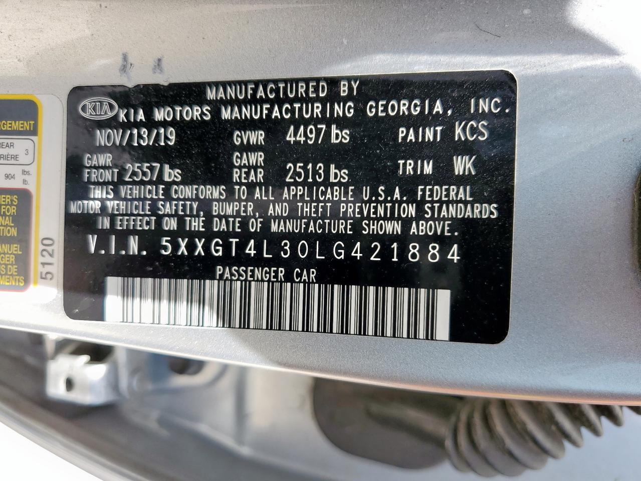 2020 Kia Optima Lx VIN: 5XXGT4L30LG421884 Lot: 63863165