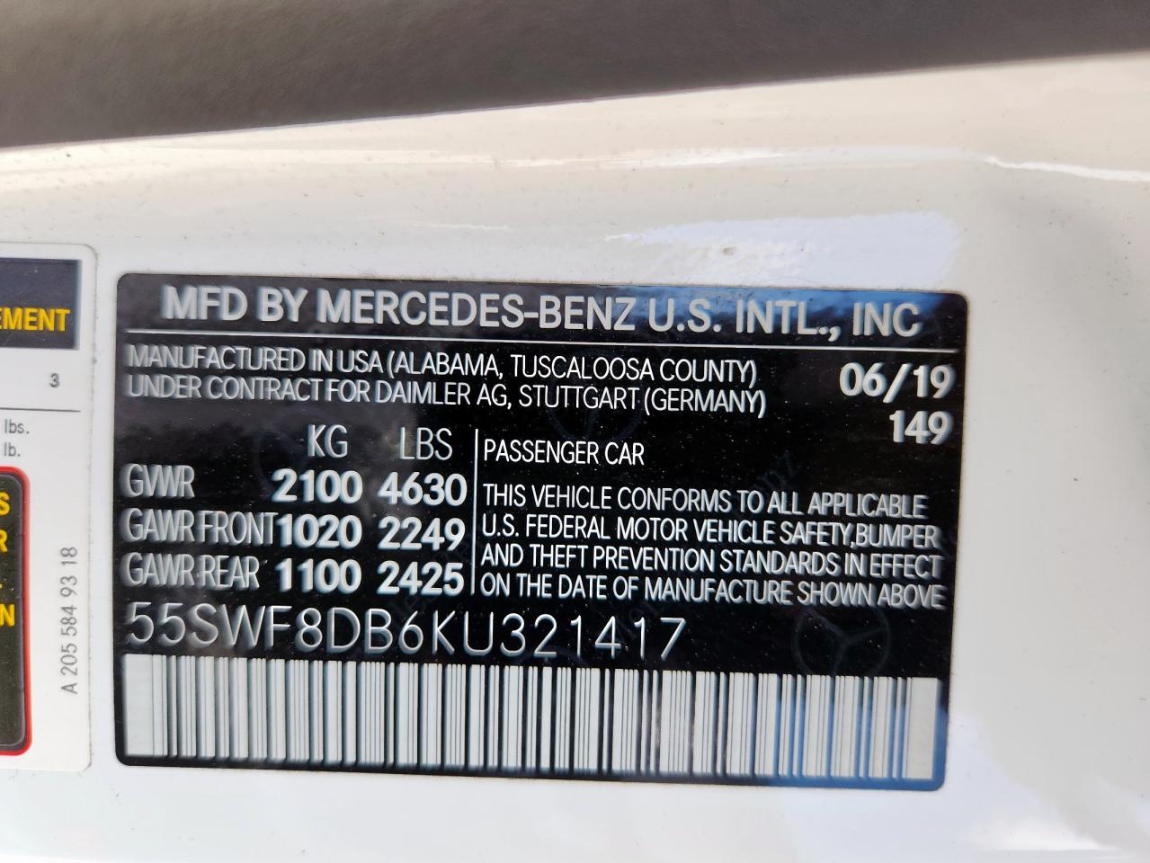 2019 Mercedes-Benz C 300 VIN: 55SWF8DB6KU321417 Lot: 62382545