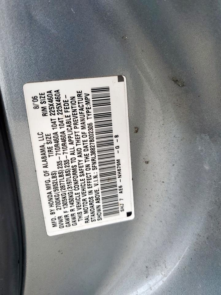 2007 Honda Odyssey Touring VIN: 5FNRL38827B002306 Lot: 63469685