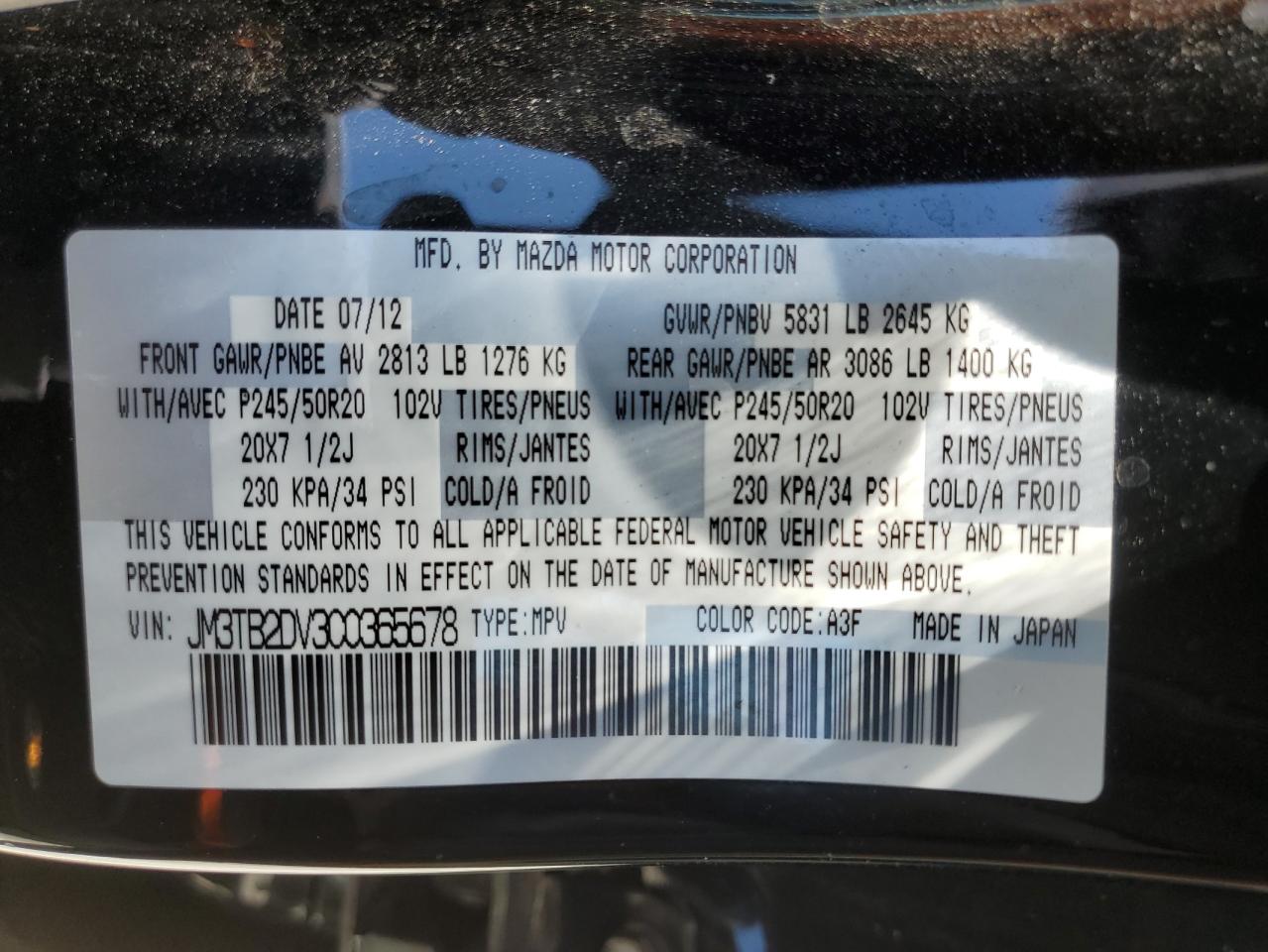 2012 Mazda Cx-9 VIN: JM3TB2DV3C0365678 Lot: 64258875