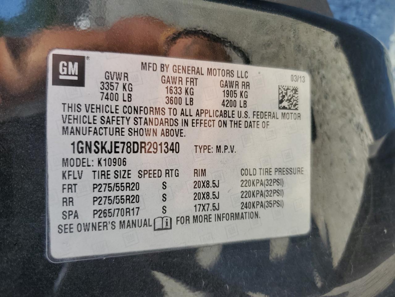 2013 Chevrolet Suburban K1500 Lt VIN: 1GNSKJE78DR291340 Lot: 66106485