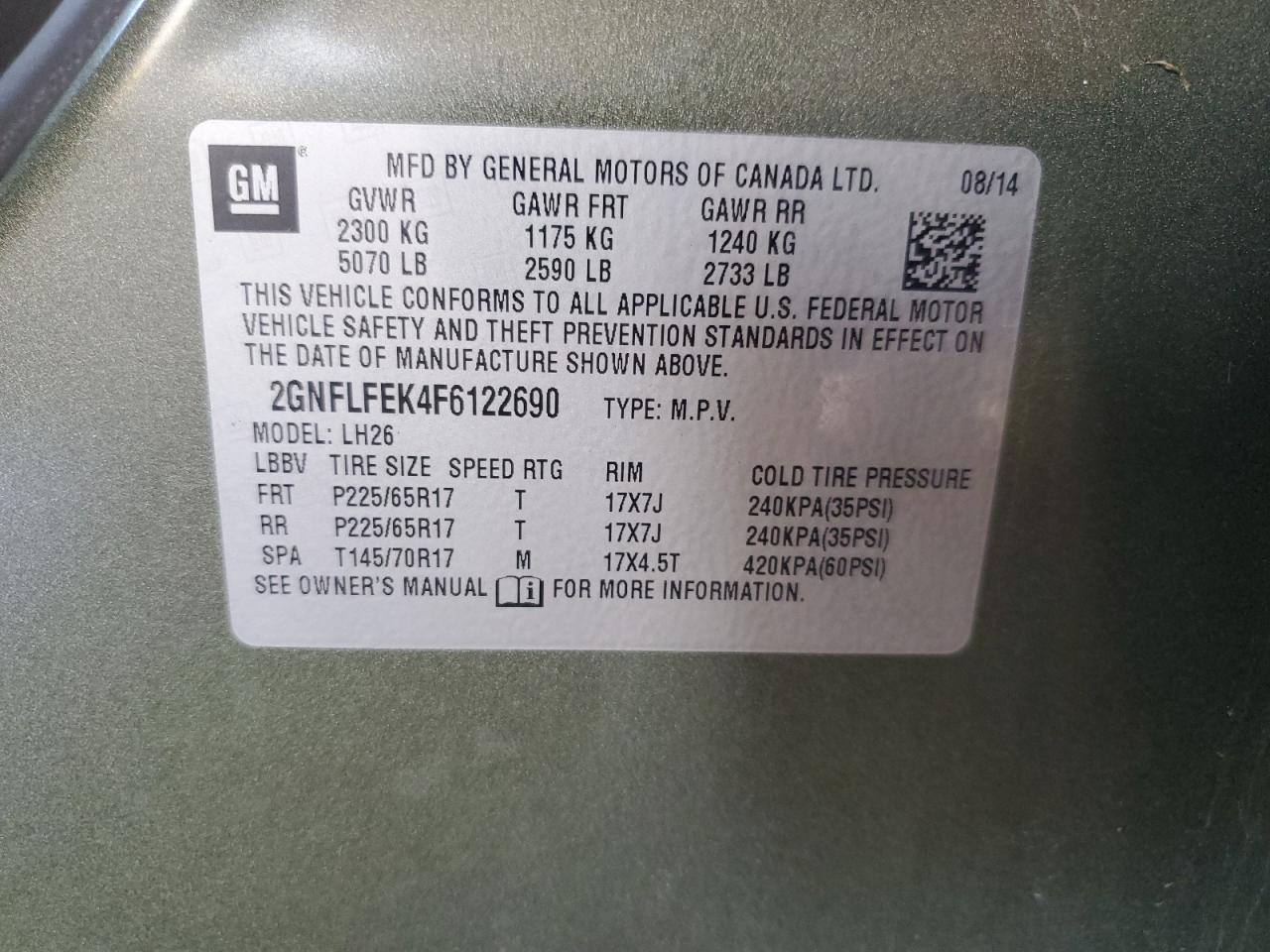 2015 Chevrolet Equinox Lt VIN: 2GNFLFEK4F6122690 Lot: 64175445
