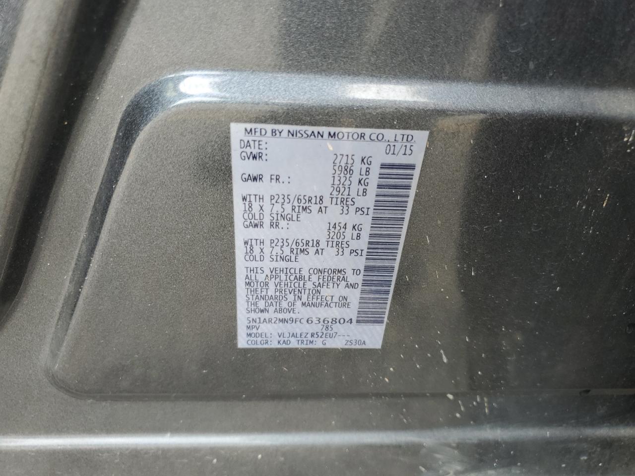 2015 Nissan Pathfinder S VIN: 5N1AR2MN9FC636804 Lot: 63812005