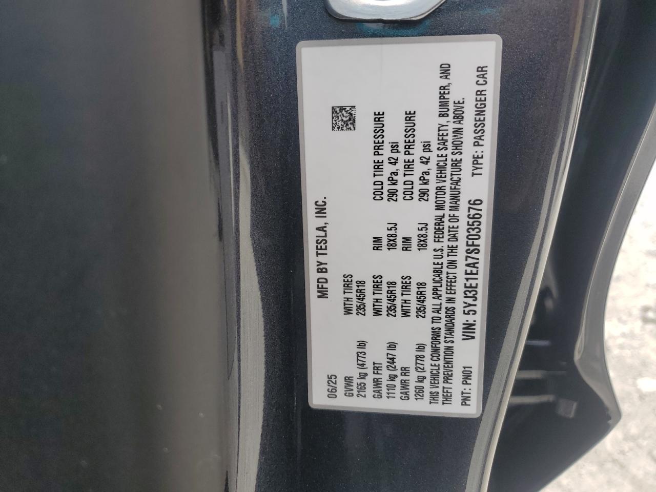 2025 Tesla Model 3 VIN: 5YJ3E1EA7SF035676 Lot: 64506115