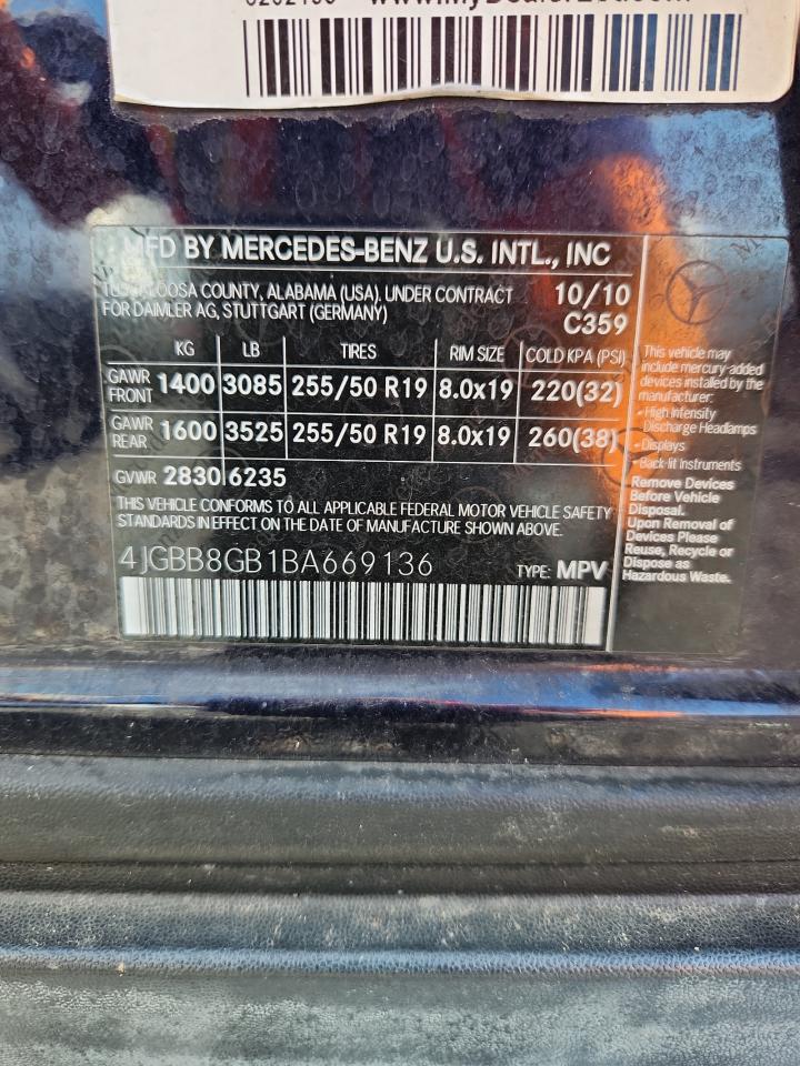 2011 Mercedes-Benz Ml 350 4Matic VIN: 4JGBB8GB1BA669136 Lot: 64188255