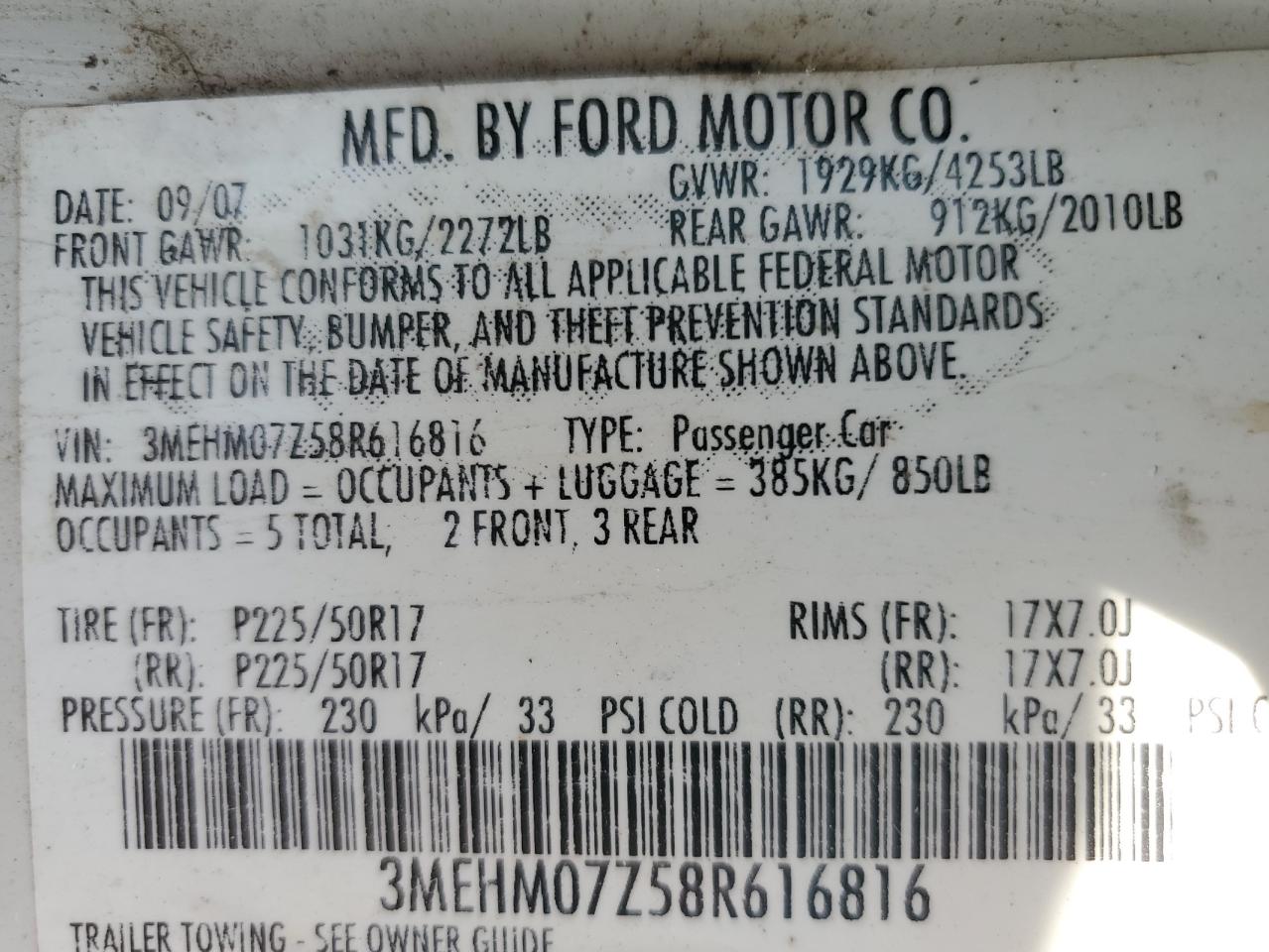 2008 Mercury Milan VIN: 3MEHM07Z58R616816 Lot: 64475315