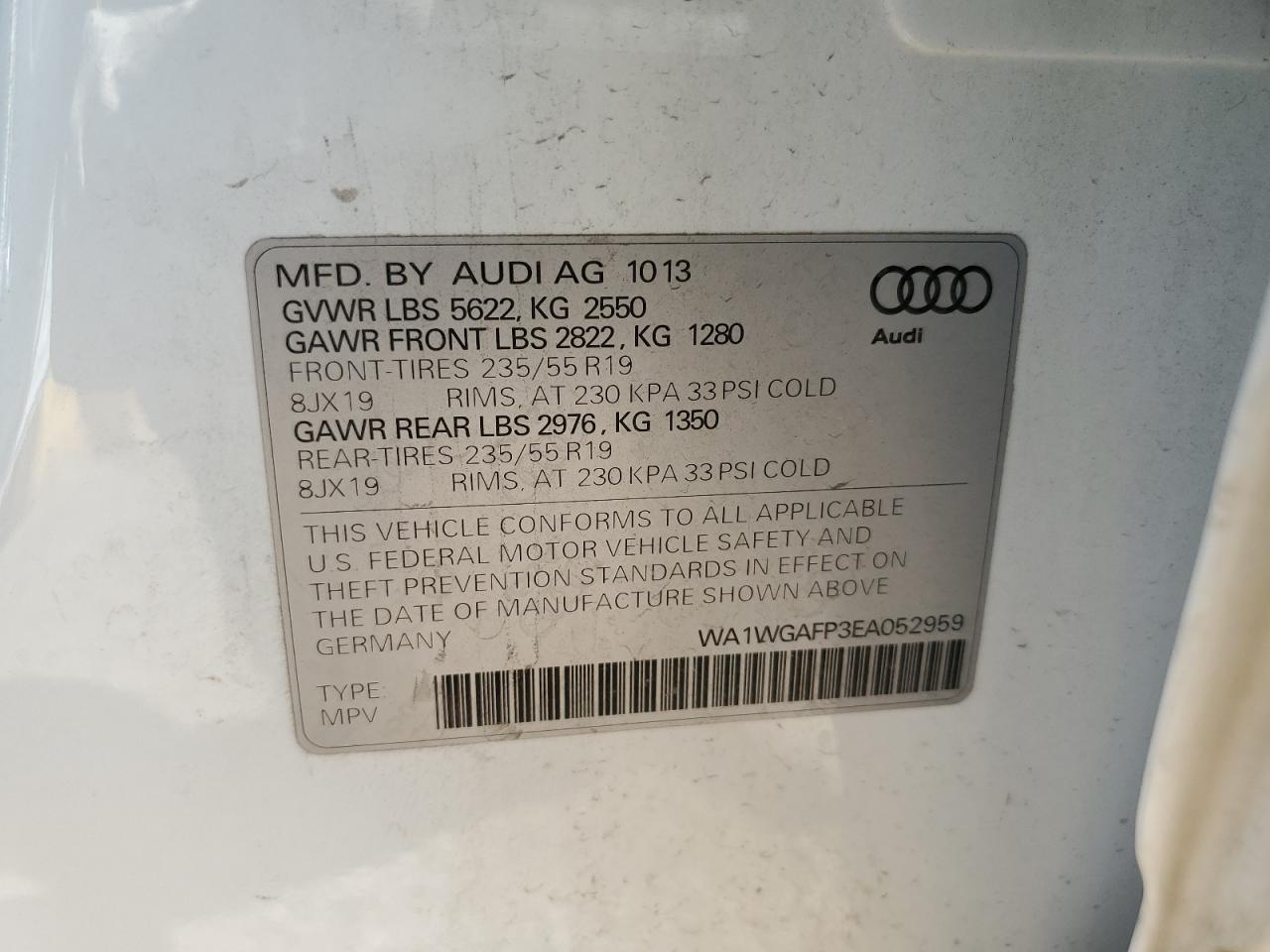 2014 Audi Q5 Prestige VIN: WA1WGAFP3EA052959 Lot: 63793835