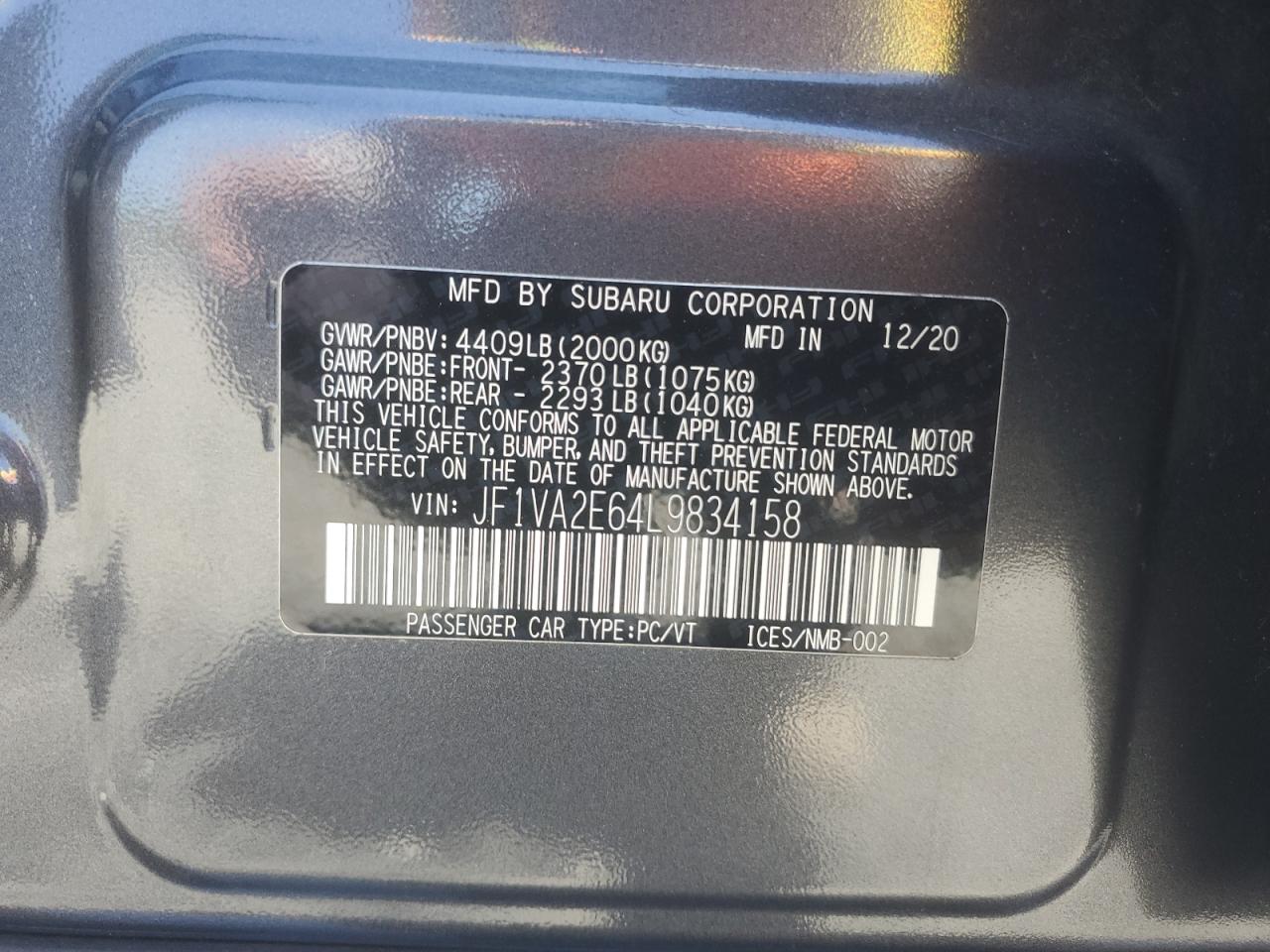 2020 Subaru Wrx Sti VIN: JF1VA2E64L9834158 Lot: 64108875