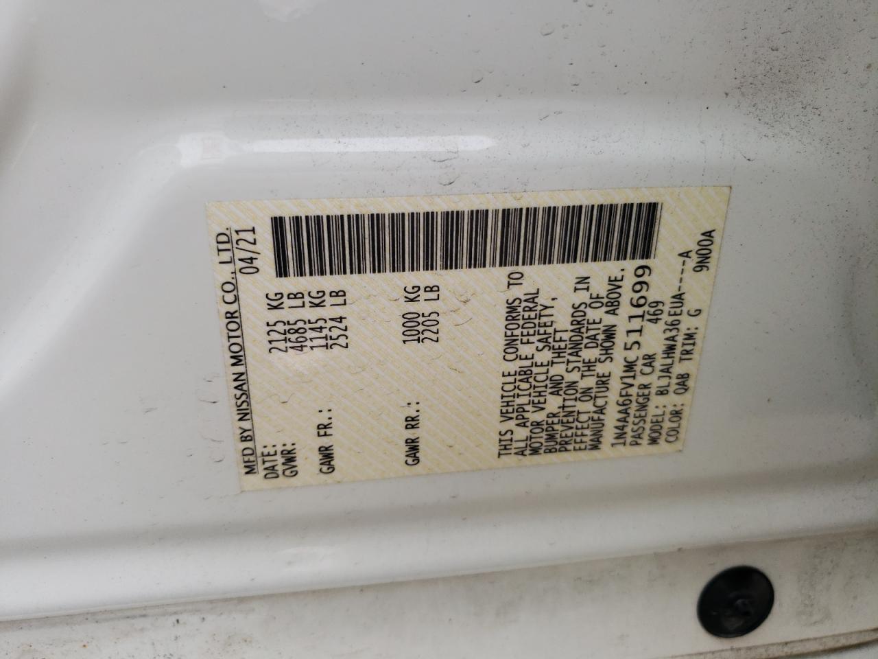 2021 Nissan Maxima Platinum VIN: 1N4AA6FV1MC511699 Lot: 63202065