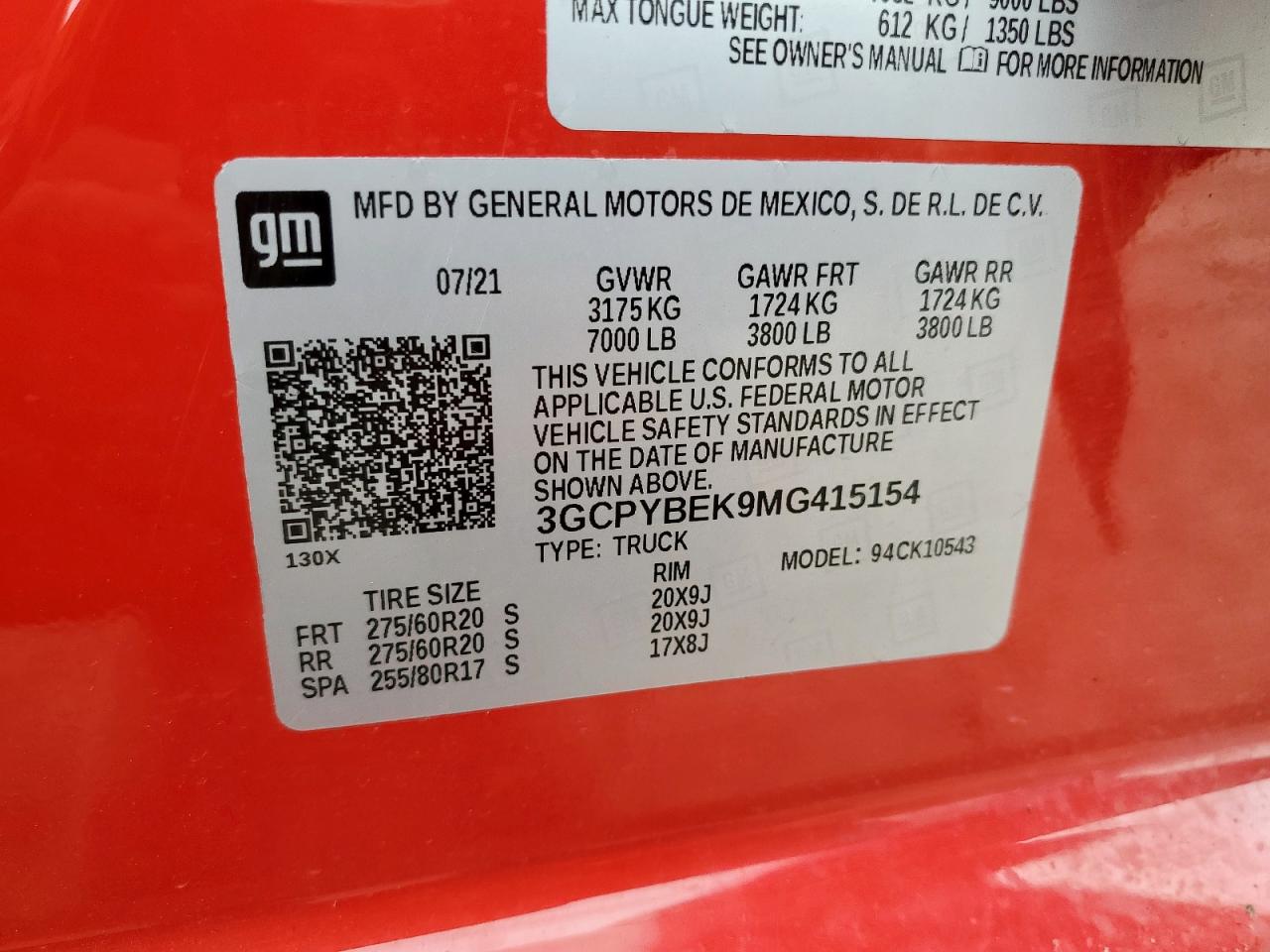 2021 Chevrolet Silverado K1500 Custom VIN: 3GCPYBEK9MG415154 Lot: 65259925