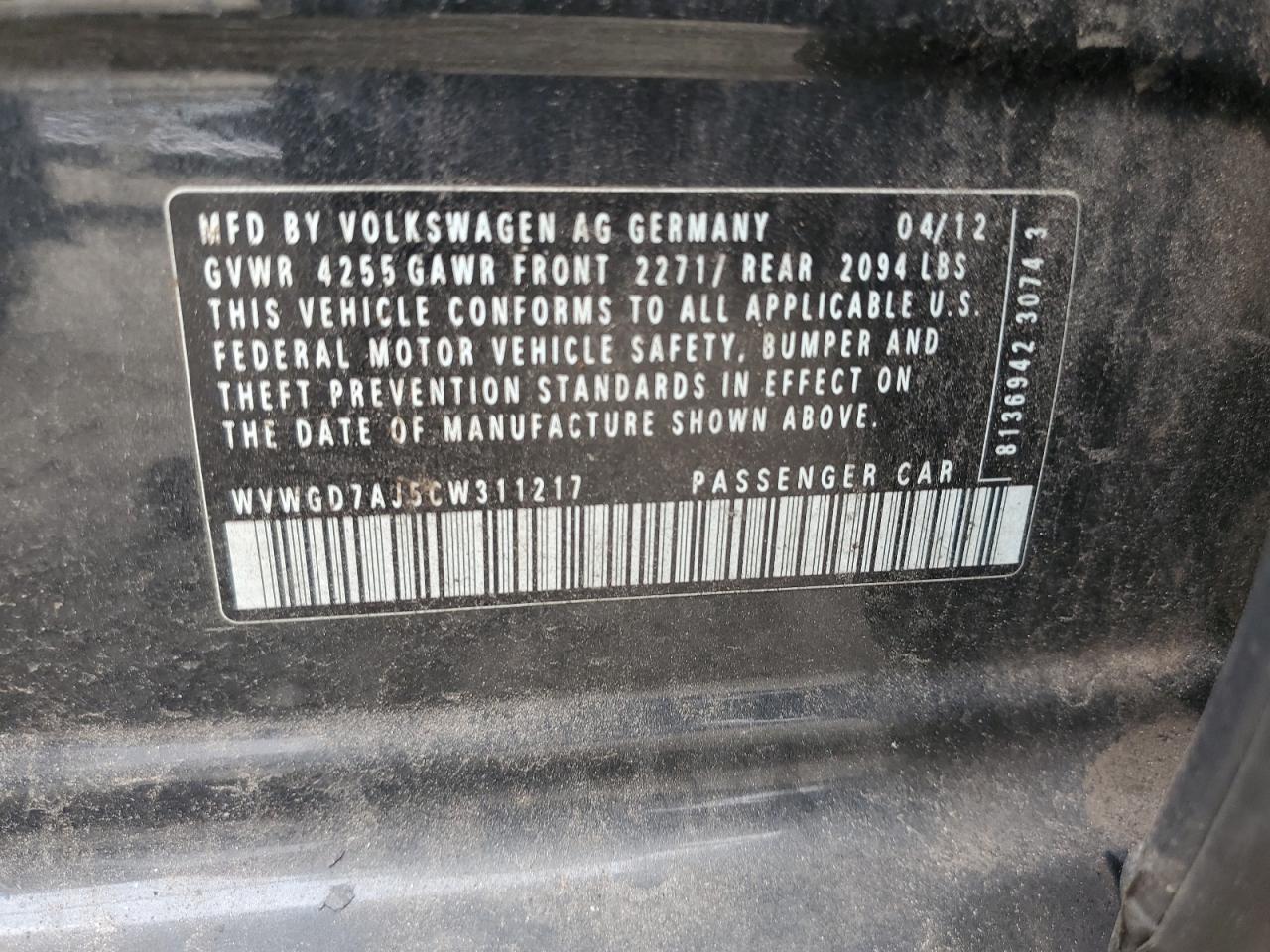 wvwgd7aj5cw311217 WVWGD7AJ5CW311217 2012 Volkswagen Gti