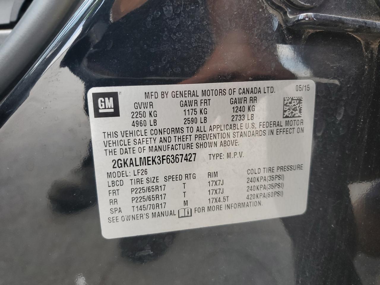 2015 GMC Terrain Sle VIN: 2GKALMEK3F6367427 Lot: 65468165