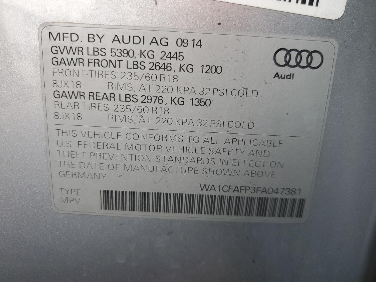 2015 Audi Q5 Premium VIN: WA1CFAFP3FA047381 Lot: 64144605