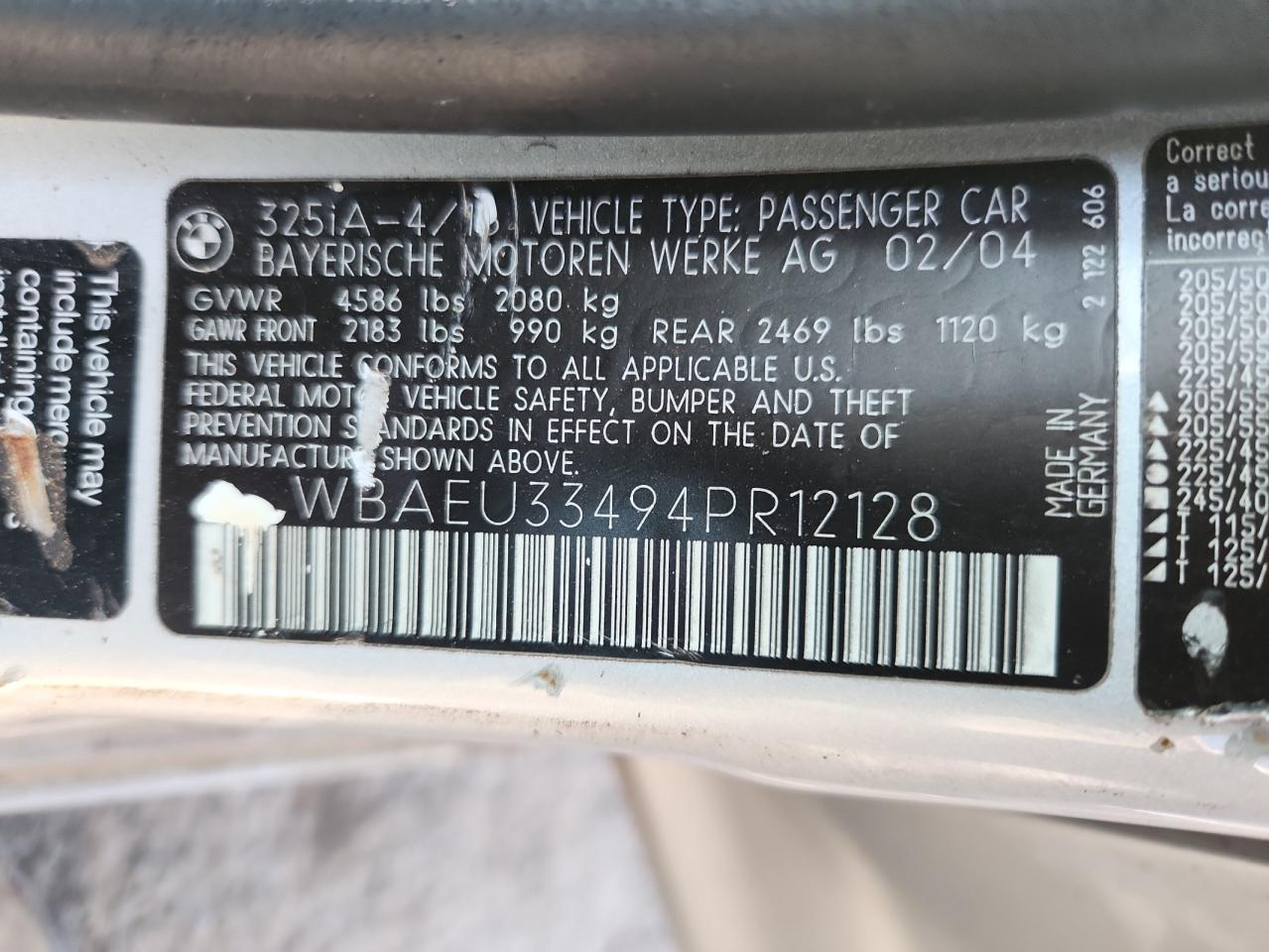 2004 BMW 325 Xi VIN: WBAEU33494PR12128 Lot: 65075705