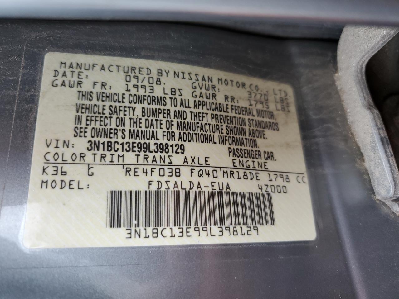 2009 Nissan Versa S VIN: 3N1BC13E99L398129 Lot: 64327985