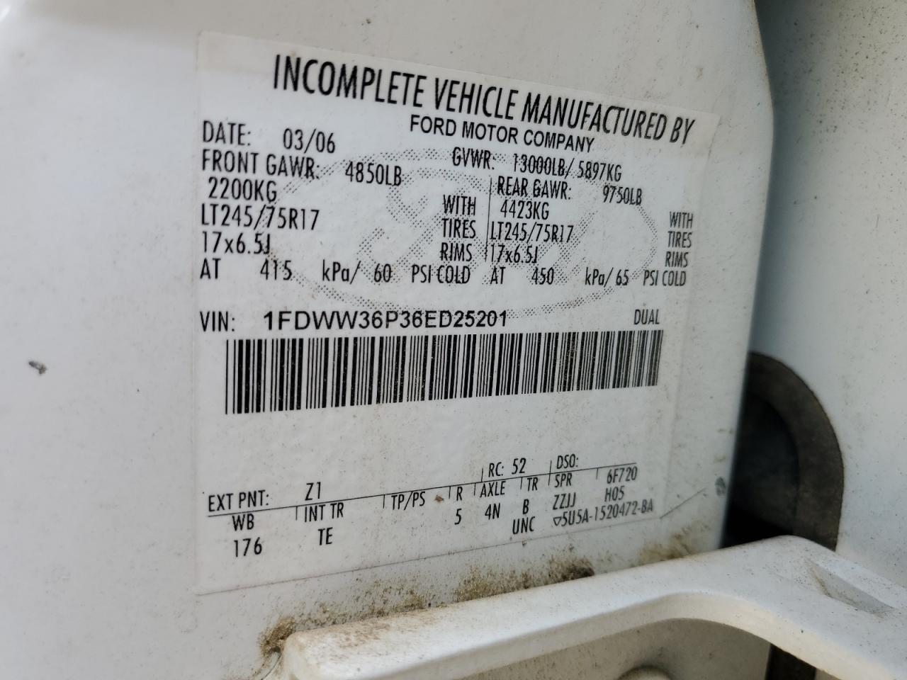 2006 Ford F350 Super Duty VIN: 1FDWW36P36ED25201 Lot: 65108995