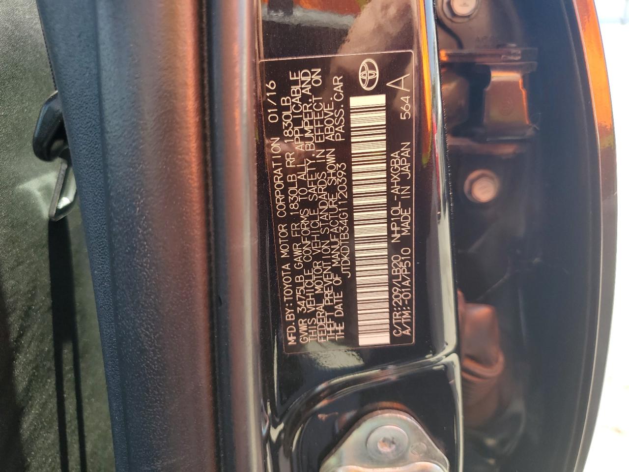 2016 Toyota Prius C VIN: JTDKDTB34G1120393 Lot: 62888865