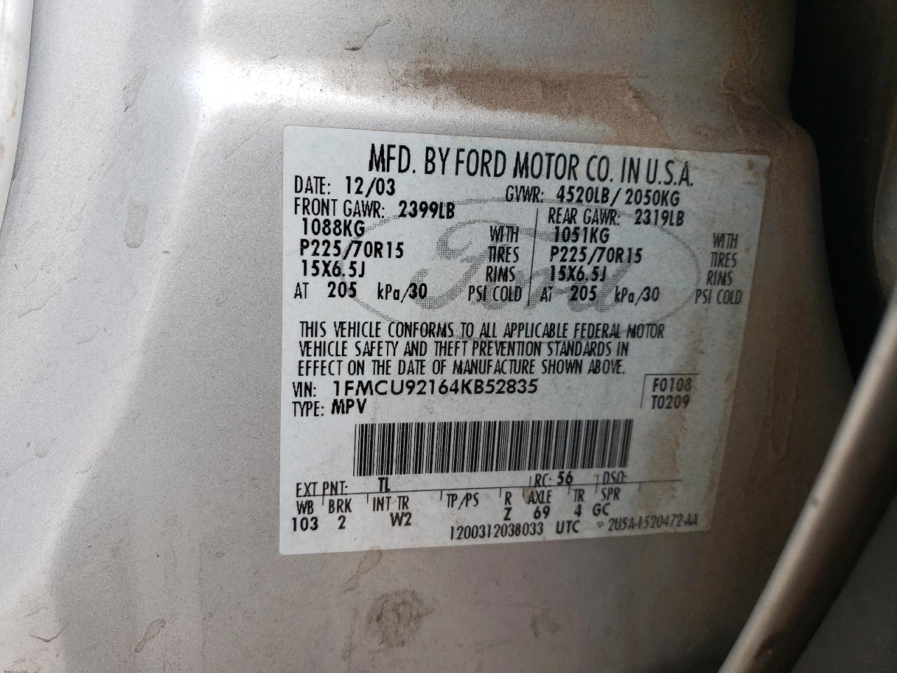 2004 Ford Escape Xls VIN: 1FMCU92164KB52835 Lot: 63619835
