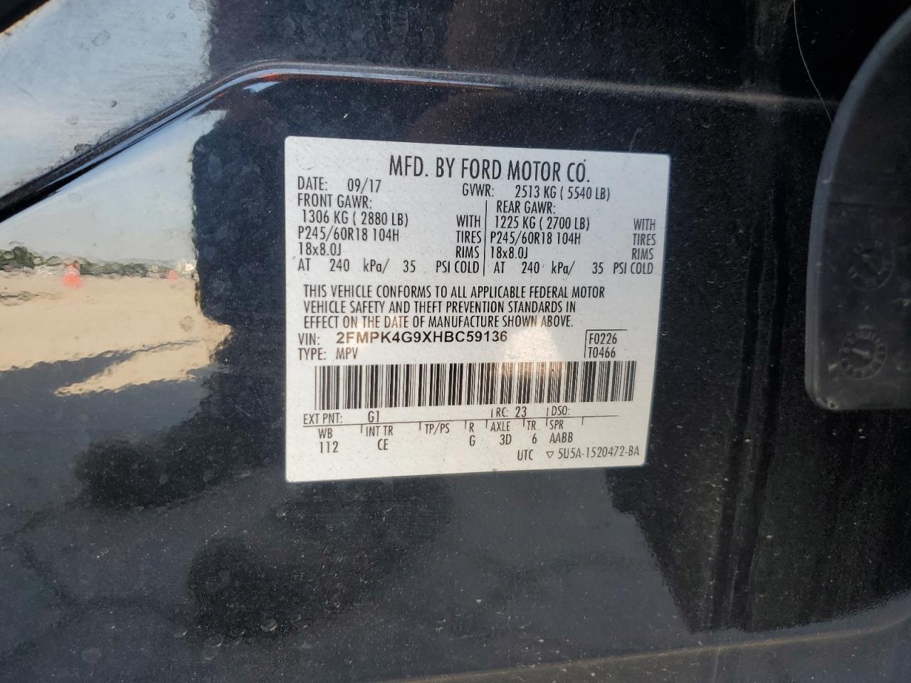 2017 Ford Edge Se VIN: 2FMPK4G9XHBC59136 Lot: 65075955