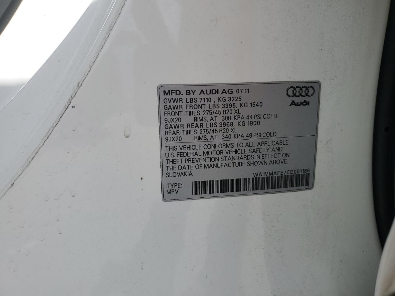 2012 Audi Q7 Prestige VIN: WA1VMAFE7CD001186 Lot: 64964425
