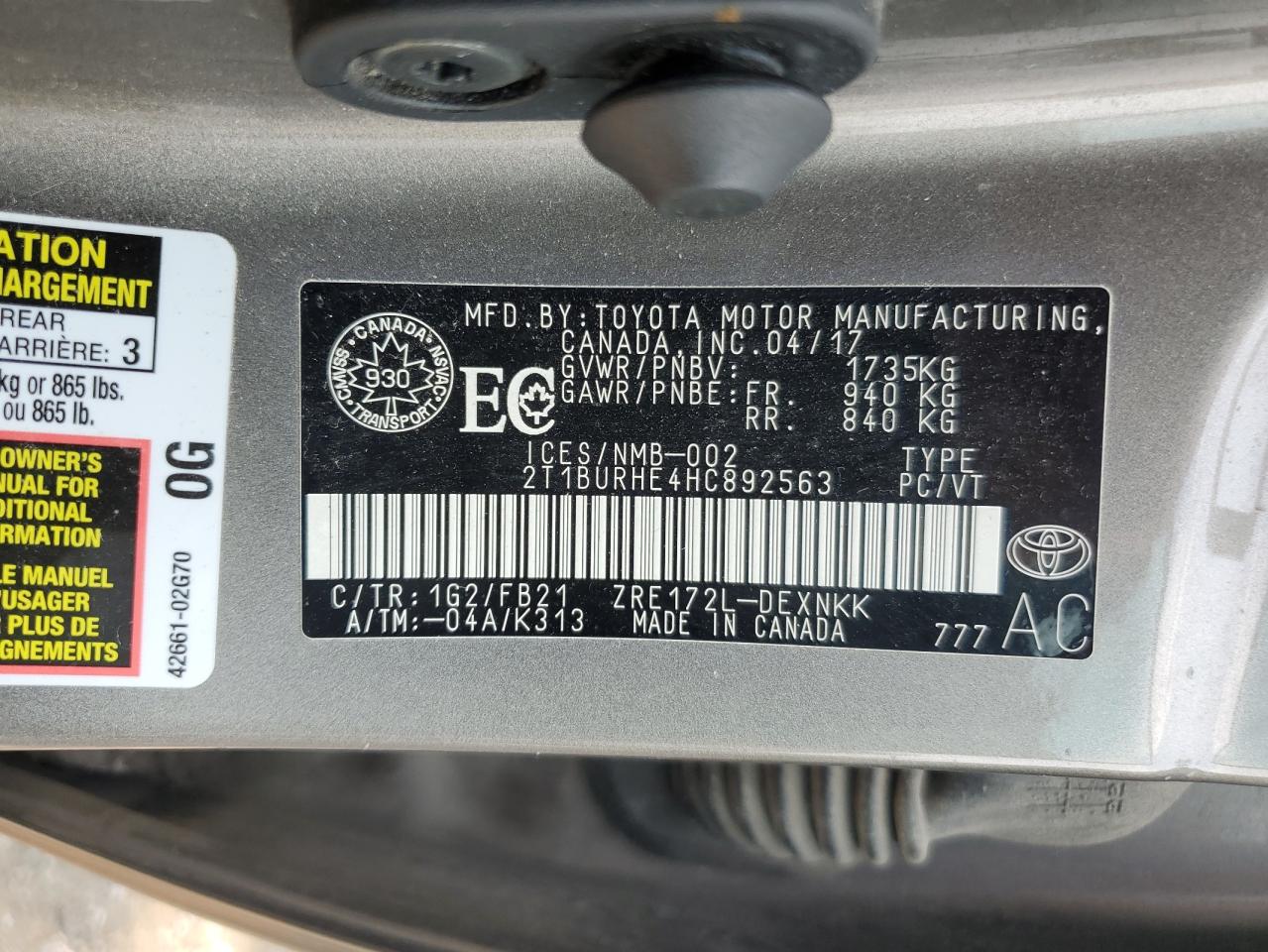 2017 Toyota Corolla L VIN: 2T1BURHE4HC892563 Lot: 64169655