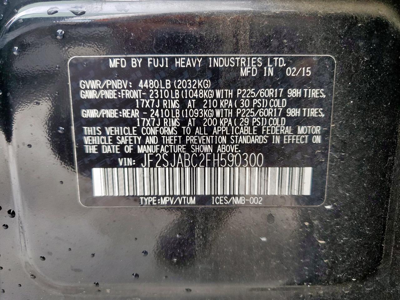 2015 Subaru Forester 2.5I VIN: JF2SJABC2FH590300 Lot: 64507875