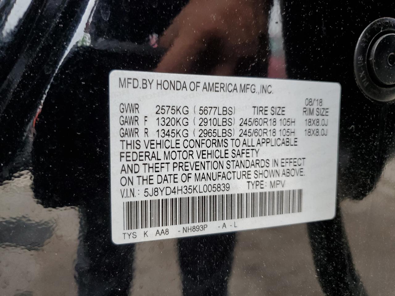 2019 Acura Mdx VIN: 5J8YD4H35KL005839 Lot: 62266775