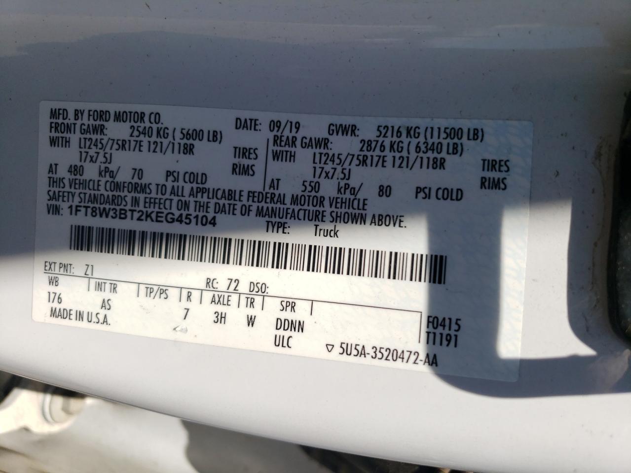 2019 Ford F350 Super Duty VIN: 1FT8W3BT2KEG45104 Lot: 60901285