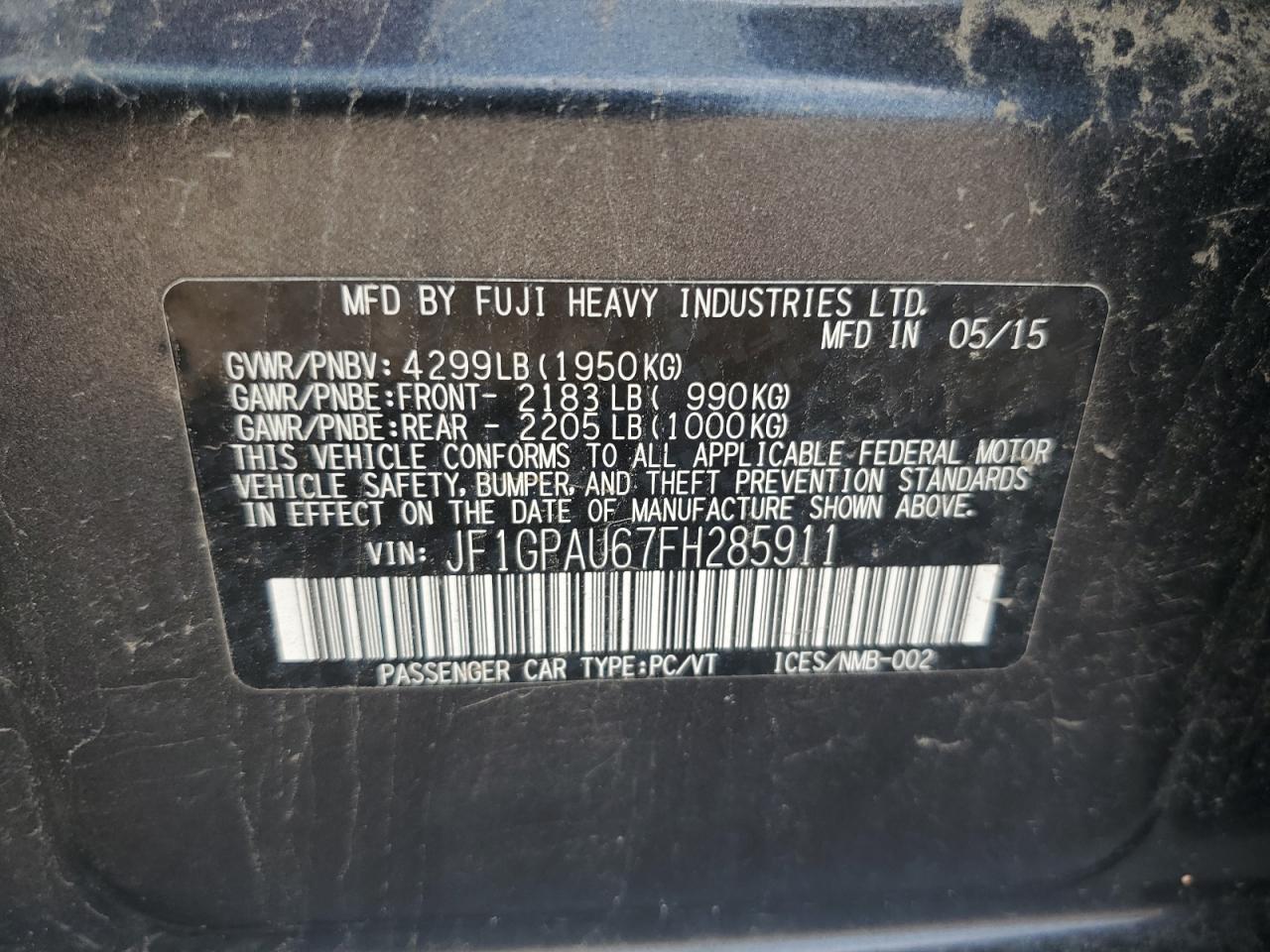 2015 Subaru Impreza Sport VIN: JF1GPAU67FH285911 Lot: 64305975