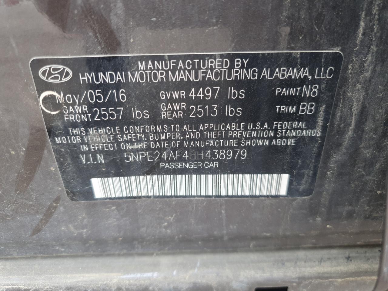 2017 Hyundai Sonata Se VIN: 5NPE24AF4HH438979 Lot: 65024905