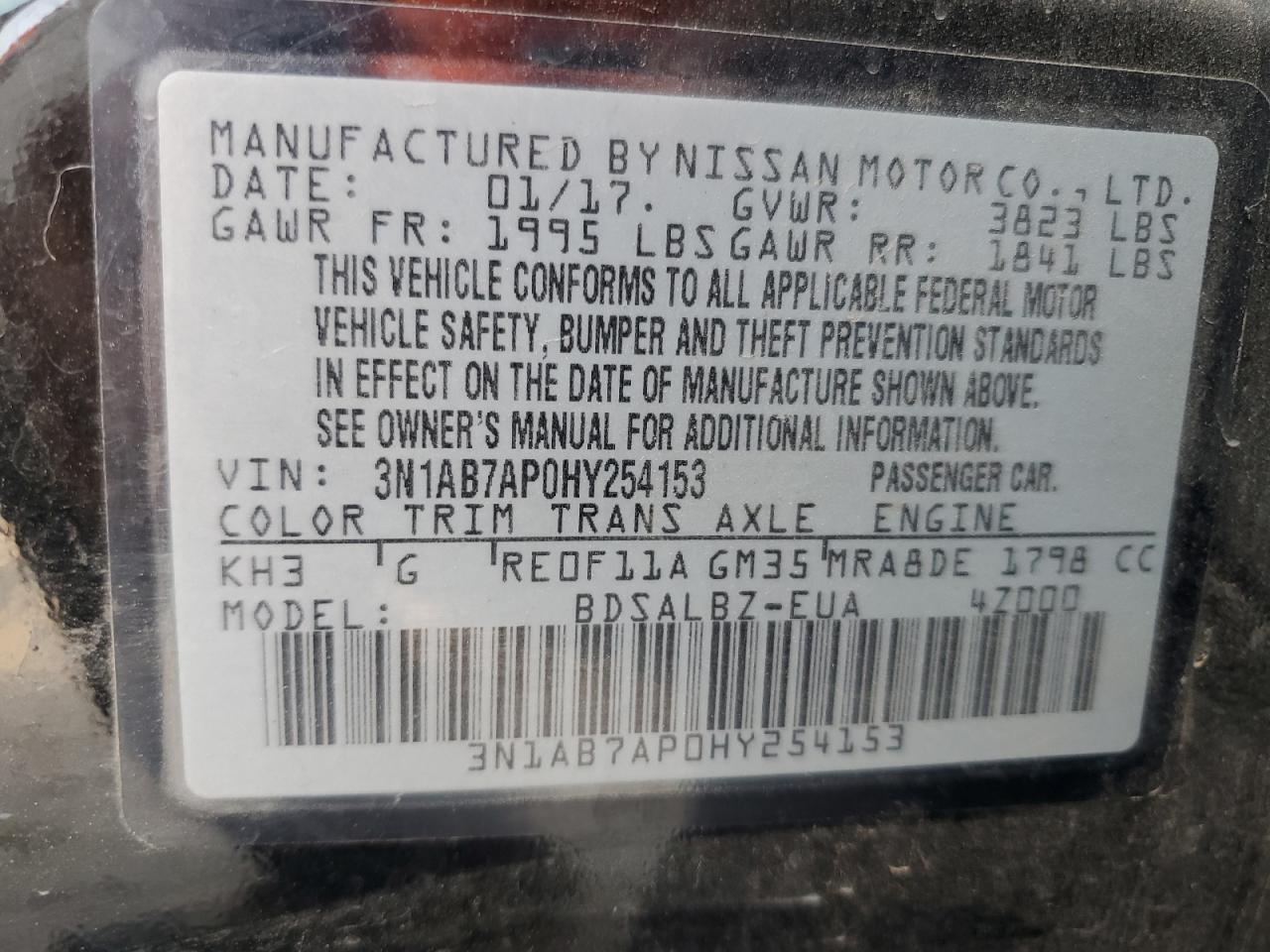 2017 Nissan Sentra S VIN: 3N1AB7AP0HY254153 Lot: 64585355