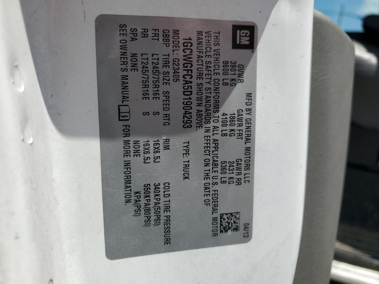 2013 Chevrolet Express G2500 VIN: 1GCWGFCA5D1904293 Lot: 65218295