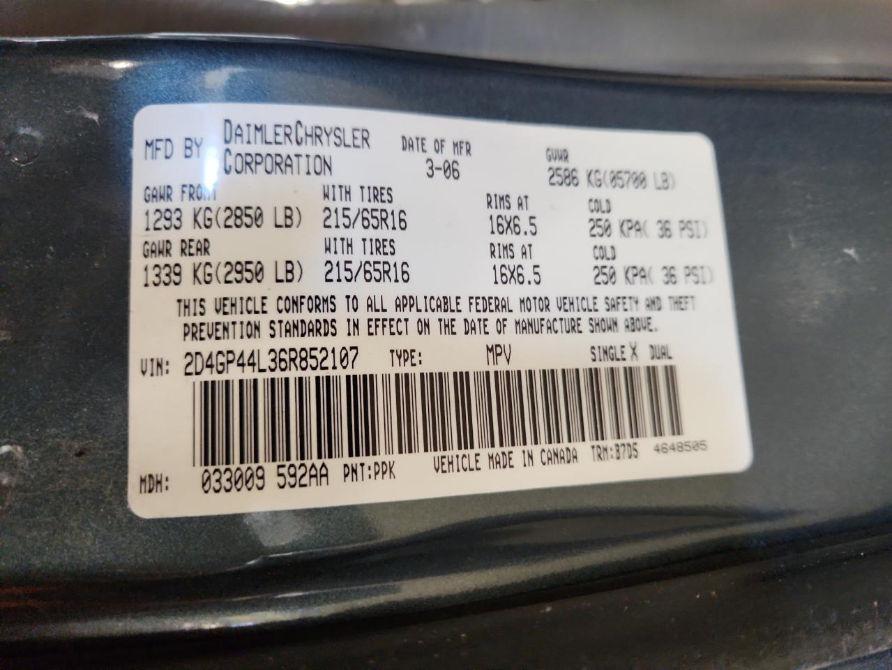 2006 Dodge Grand Caravan Sxt VIN: 2D4GP44L36R852107 Lot: 64227645