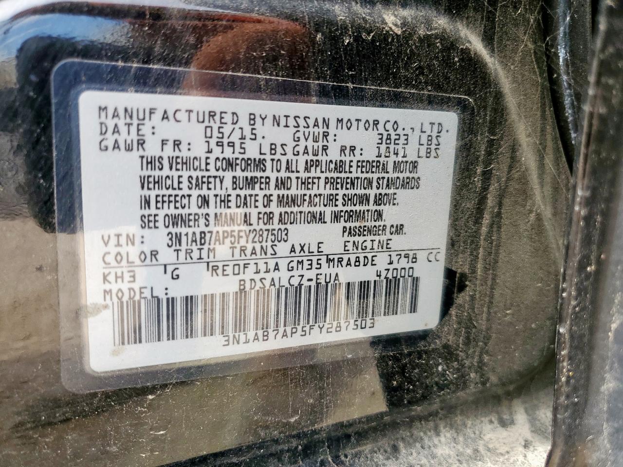 2015 Nissan Sentra S VIN: 3N1AB7AP5FY287503 Lot: 65219915
