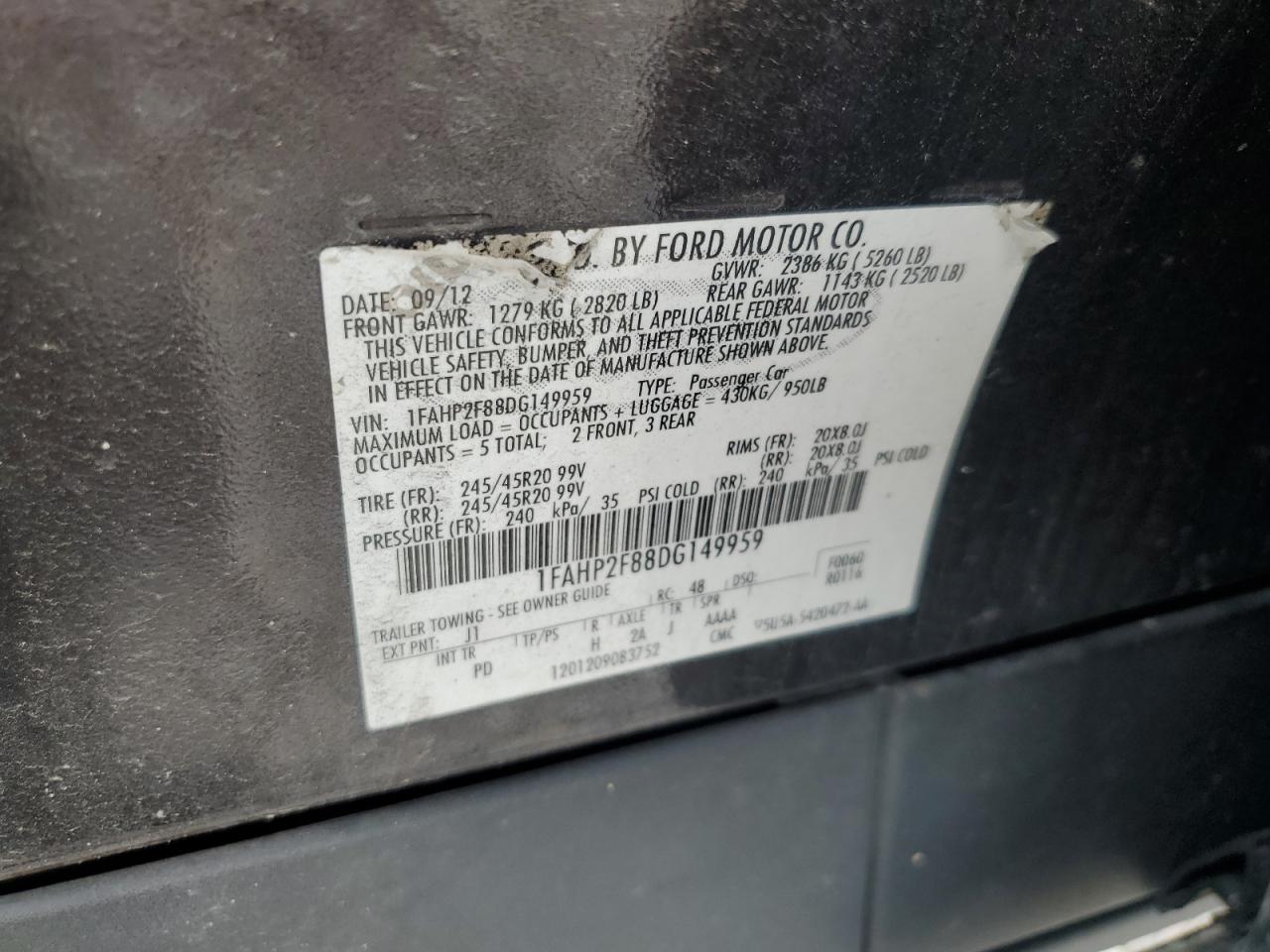 2013 Ford Taurus Limited VIN: 1FAHP2F88DG149959 Lot: 63823425