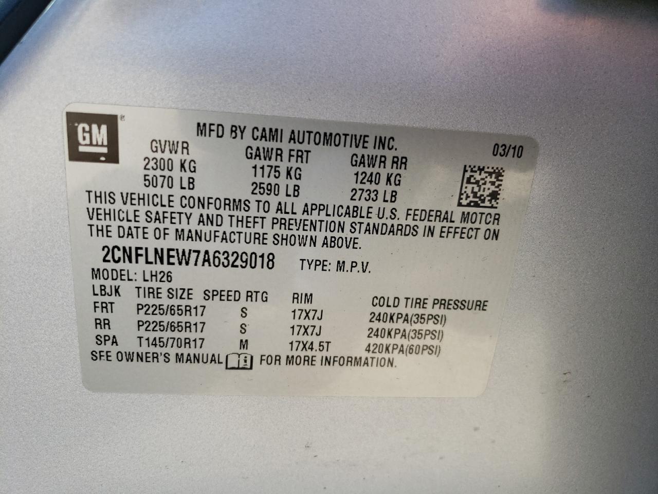 2010 Chevrolet Equinox Lt VIN: 2CNFLNEW7A6329018 Lot: 63138255
