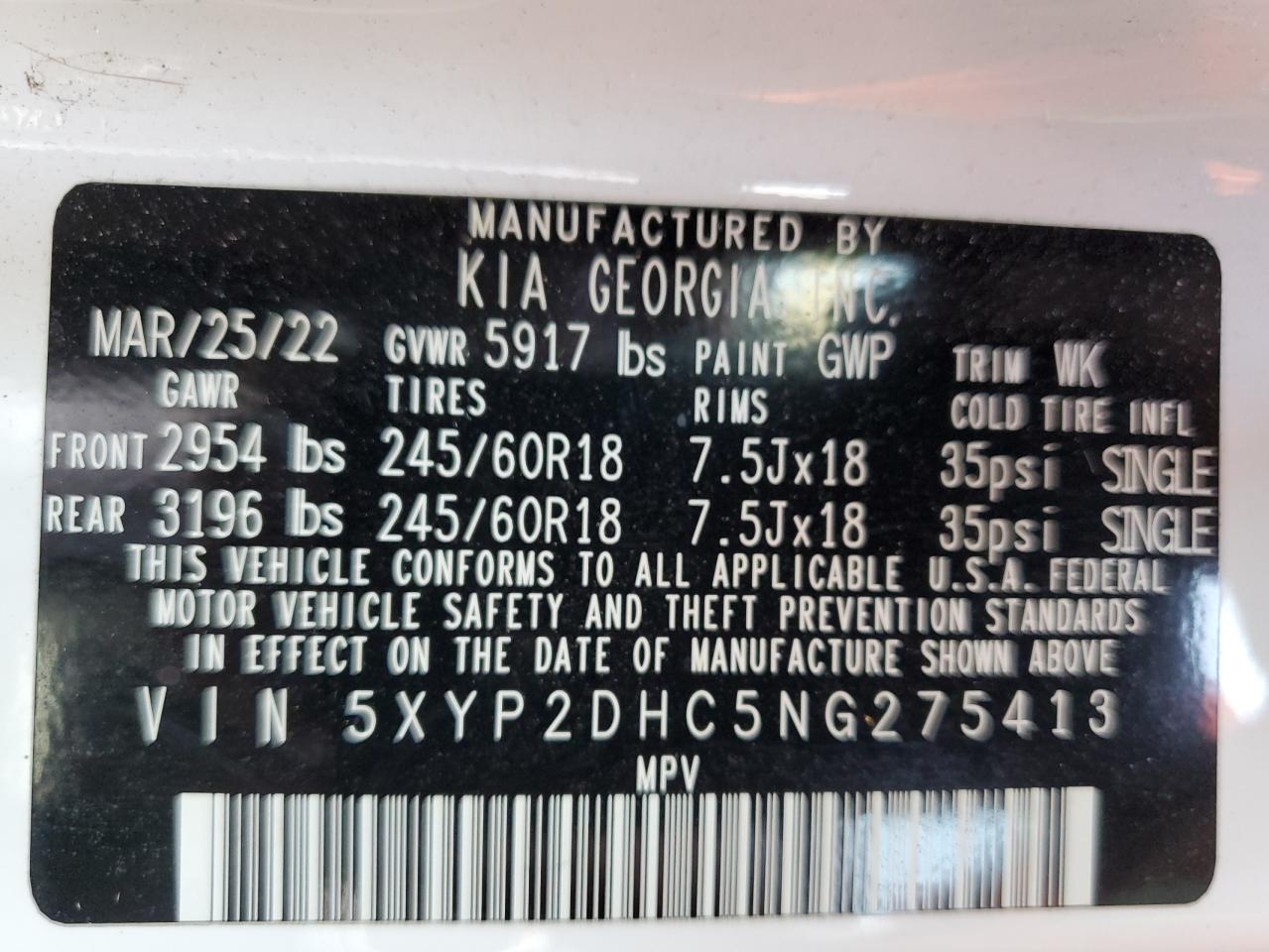2022 Kia Telluride Lx VIN: 5XYP2DHC5NG275413 Lot: 65582435