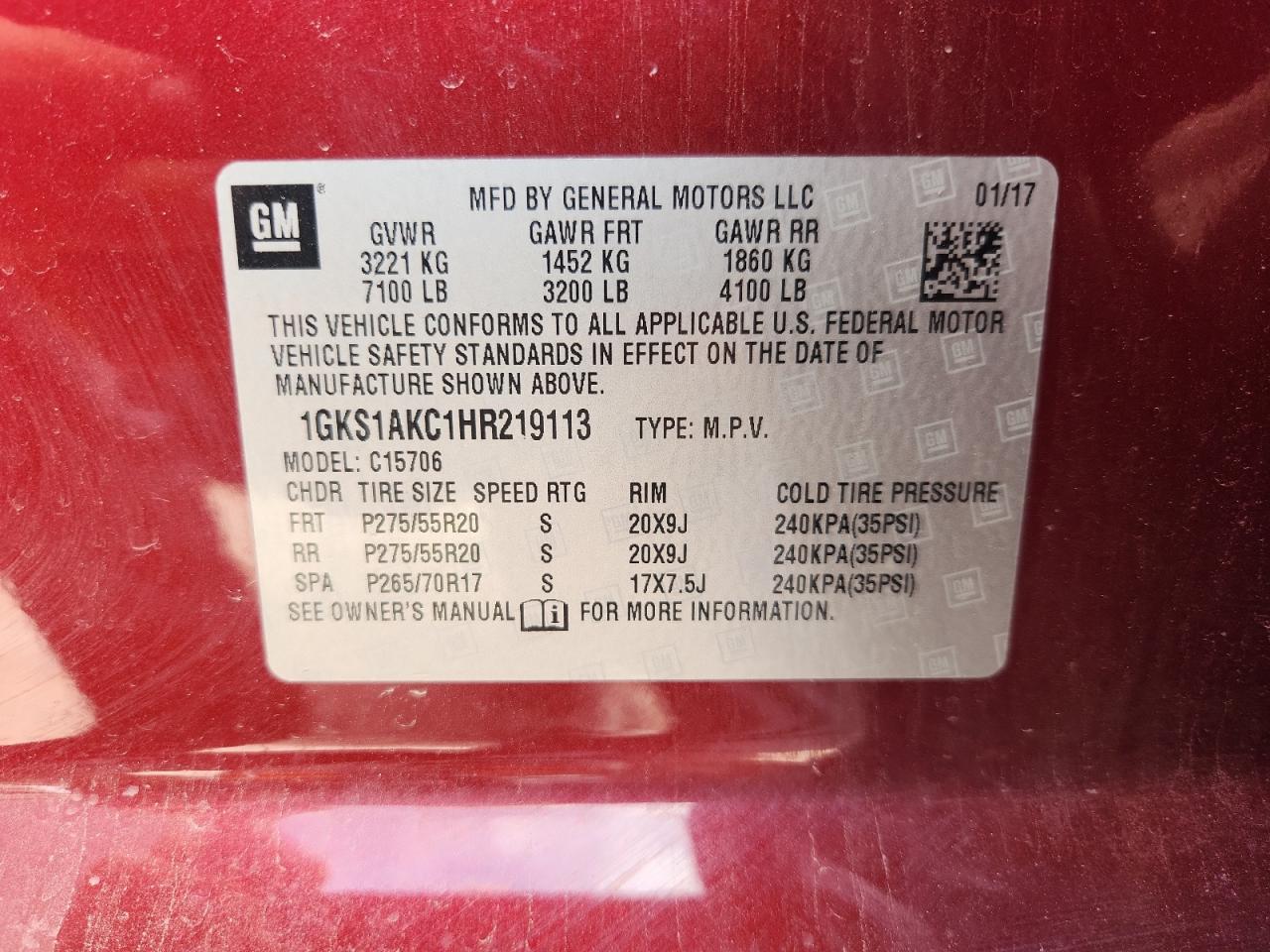2017 GMC Yukon Sle VIN: 1GKS1AKC1HR219113 Lot: 63260175