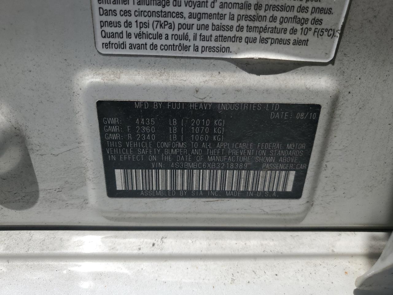 2011 Subaru Legacy 2.5I Premium VIN: 4S3BMBC6XB3218389 Lot: 64449085
