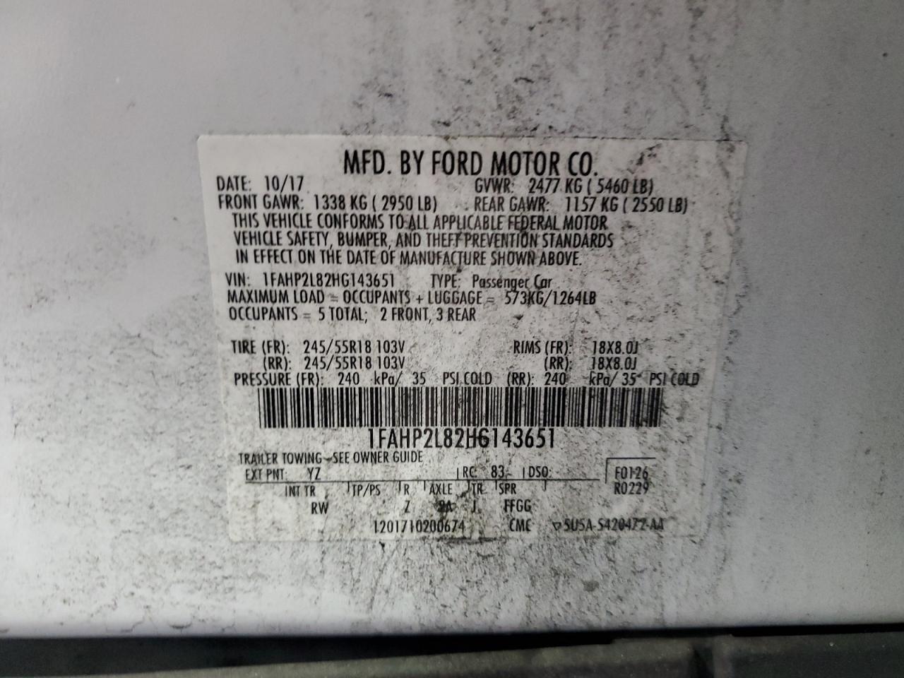 2017 Ford Taurus Police Interceptor VIN: 1FAHP2L82HG143651 Lot: 64681935