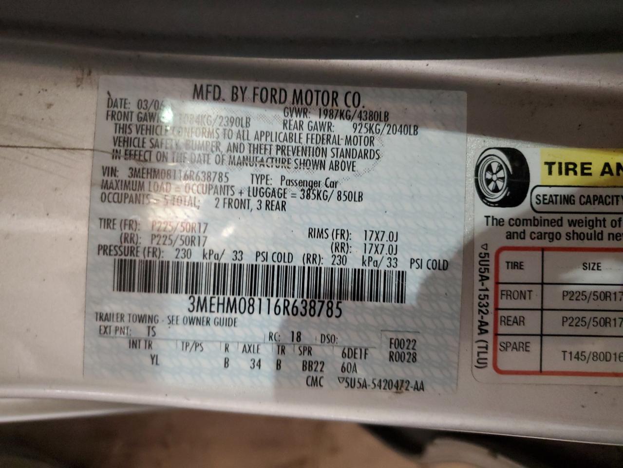 2006 Mercury Milan Premier VIN: 3MEHM08116R638785 Lot: 64641395