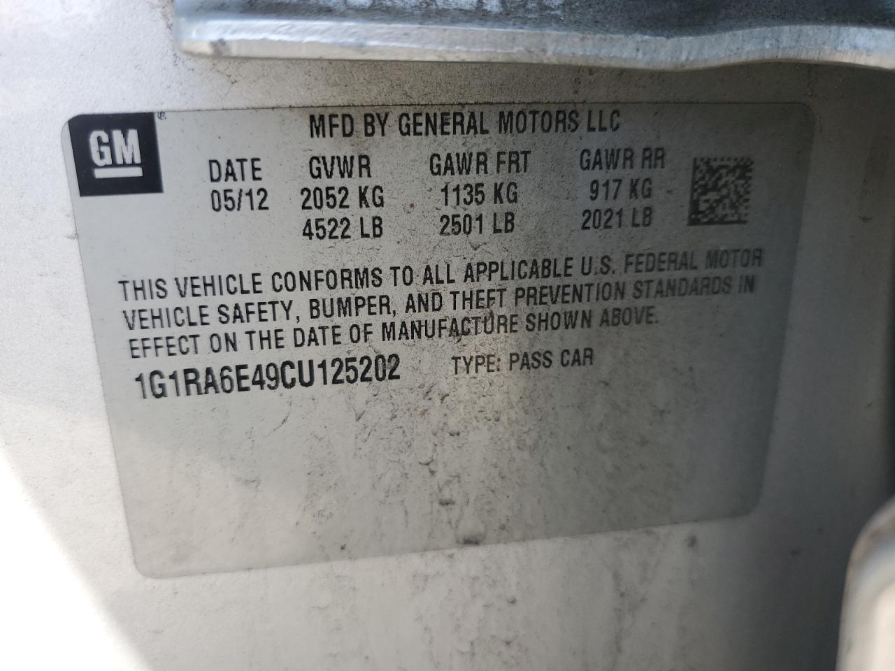 2012 Chevrolet Volt VIN: 1G1RA6E49CU125202 Lot: 65012405
